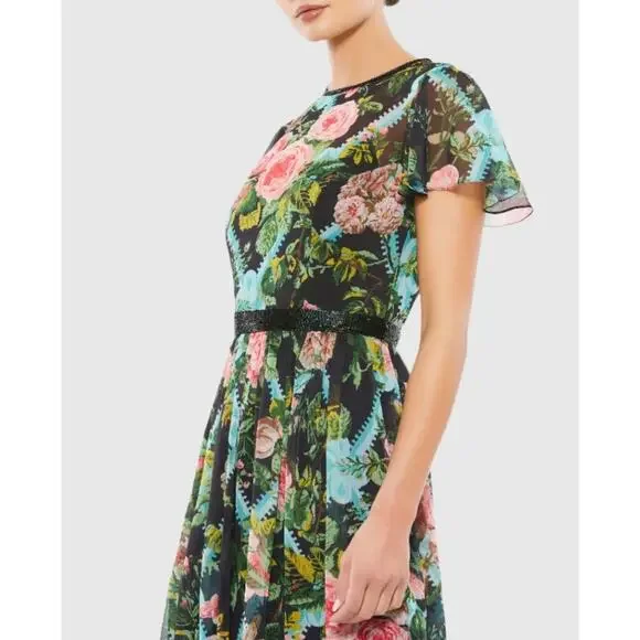 Mac Duggal Multicolor Floral Illusion Cap Sleeve Midi Dress 6 NWT #9149 Chiffon - Picture 3 of 16